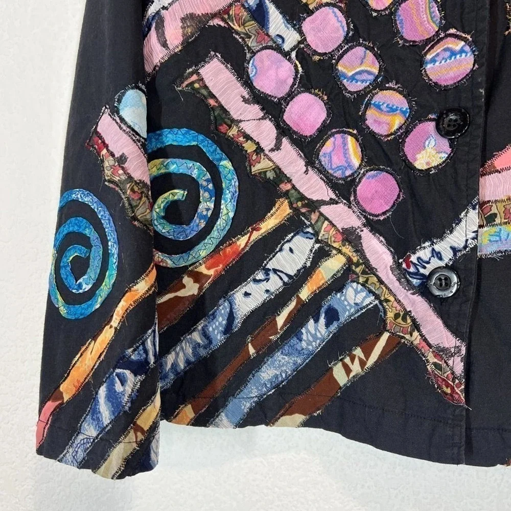 Embroidered Jacket Patchwork Black Button Down Artsy Wearable Art Small
